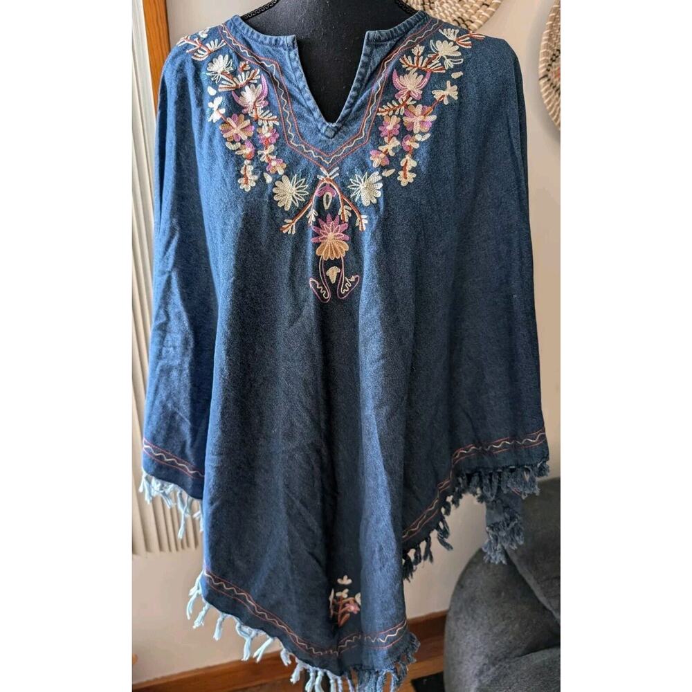 Vintage Soho Compagnie OS Denim Floral Boho Poncho Fringe Bohemian Hippie